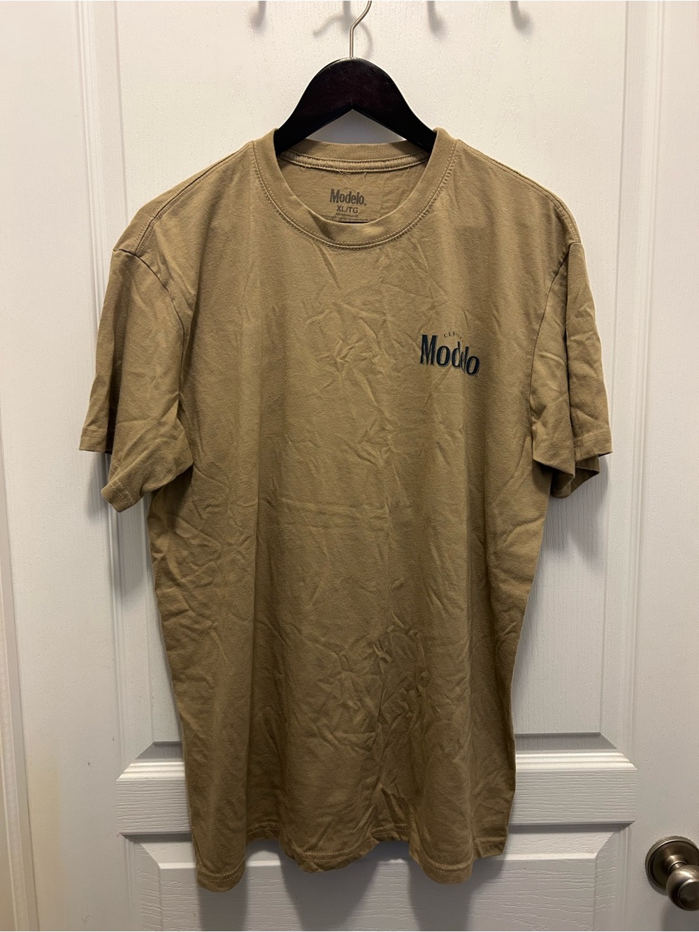 Modelo Tan Crew Neck T-Shirt with Small Black Logo